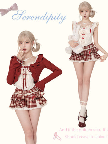 Serendipity sweet cherry red cardigan + vest top + high waist red plaid skirt