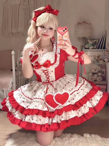 Sweetheart Diary Spring Feeling Red and White Floral Love Heart Girl Cake Dress