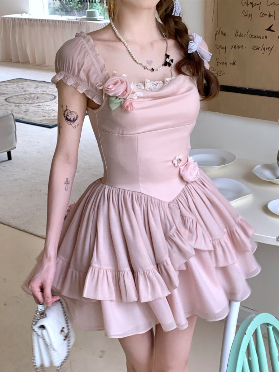 Pink Princess Skirt Three-Dimensional Flower Waist Puffy Dress