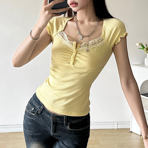 French yellow gentle lace patchwork button-down T-shirt