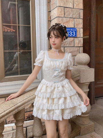 Girls Cream Cake Skirt Cute Exquisite Square Neck Dress