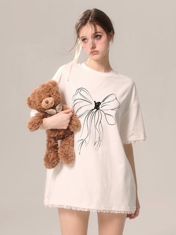 Hand-painted bow lace white loose short-sleeved T-shirt
