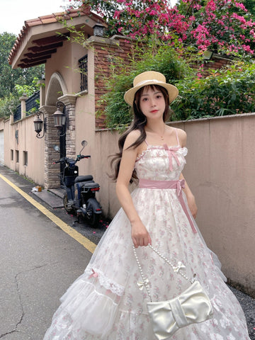 Pink fairy floral mesh splicing suspender skirt girl dress