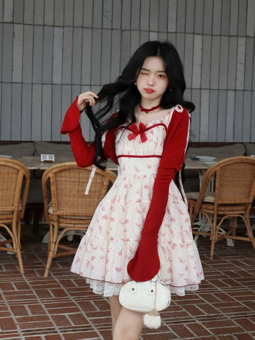 Sweet princess dress with bow jacquard lace suspender dress