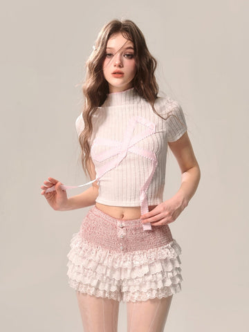Pink and white French new style lace skirt shorts