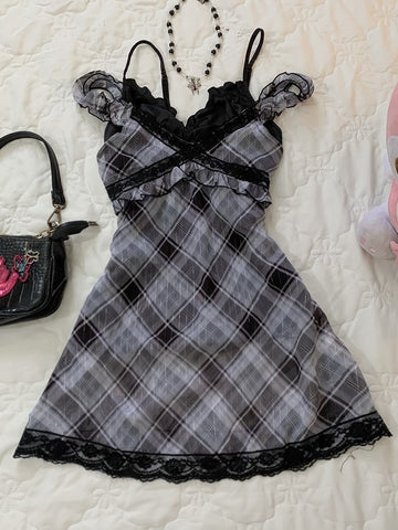 Vintage retro plaid temperament suspender skirt