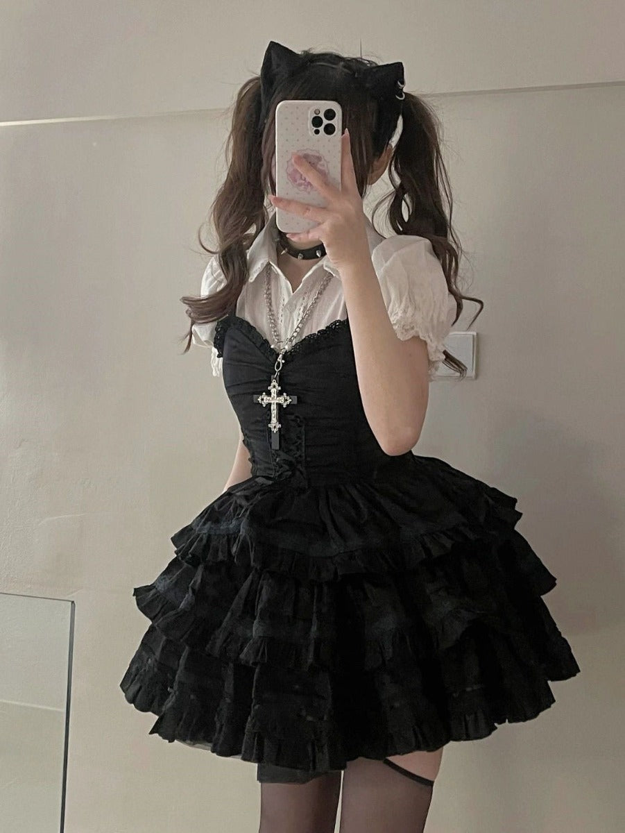 Japanese Sweet And Cute Top Waist Cake Skirt Suit