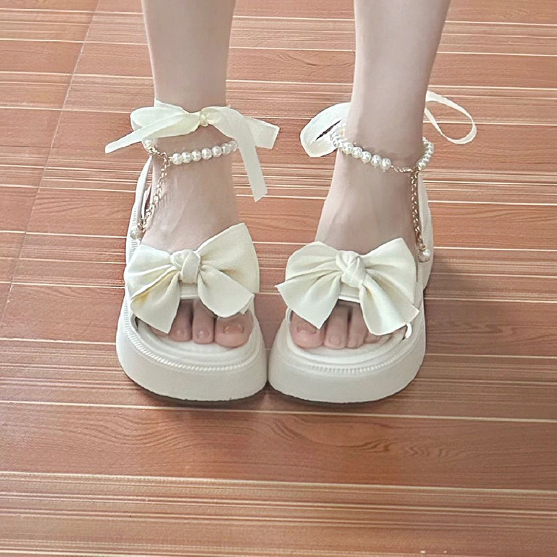 Summer Bowknot Fairy Style Thick Sole Pearl Strap Fashion Women's Shoes - Jam Garden