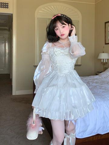 Gentle and sweet birthday dress long sleeve white lace dress