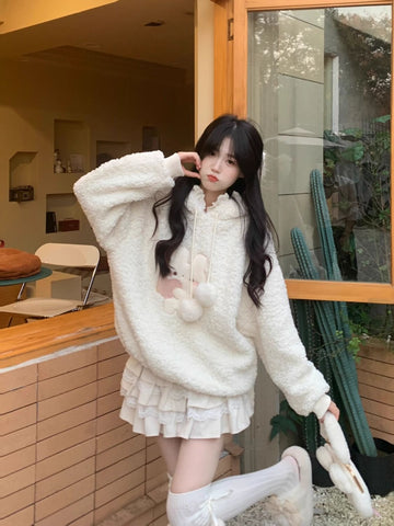 Bunny long ears hooded lamb wool sweater jacket