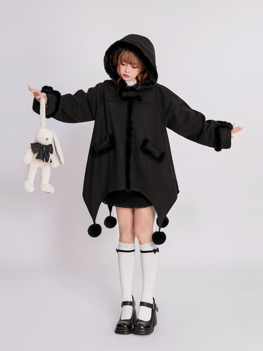 Snow Country Girl Fur Collar Hooded Cute Fur Ball Cape Loose Woolen Coat