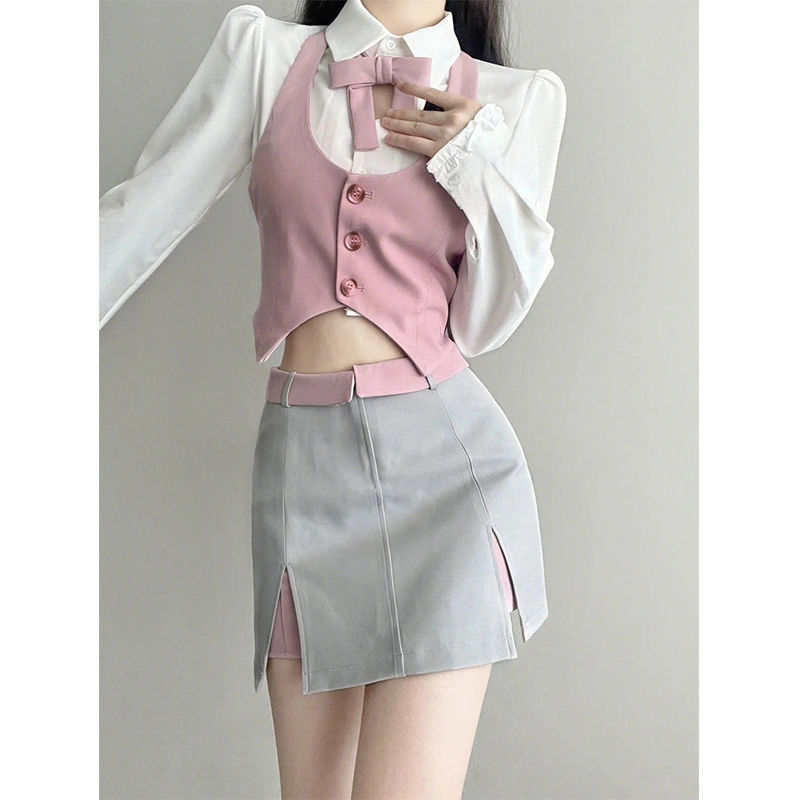 Sweet and Spicy Hollow Shirt Vest Slit Skirt