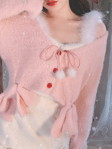 Sweet Pink New Year Strawberry Plush Knit Cardigan Bow Outerwear