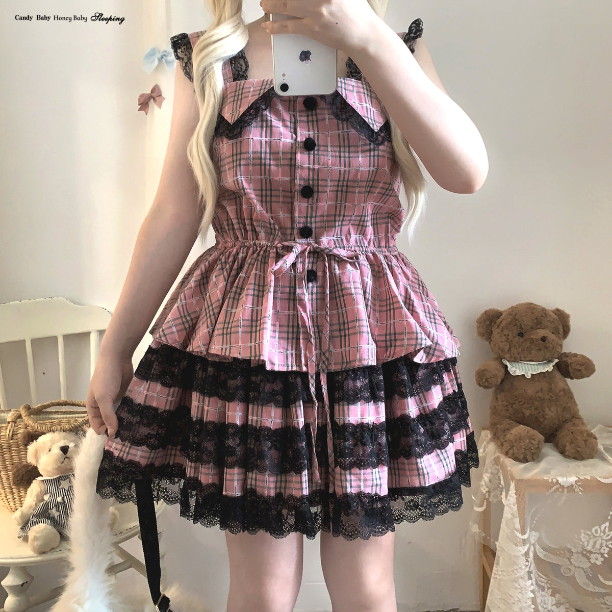 sleepingdoll Plaid Dark Abyssin Lace Suspender Skirt Set