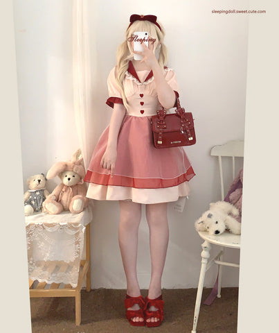 sleepingdoll Heart Button Pink Sailor Collar Sweet Girl Dress