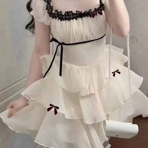 Sweet and fairy-like waist-cinching one-line hot girl cake dress