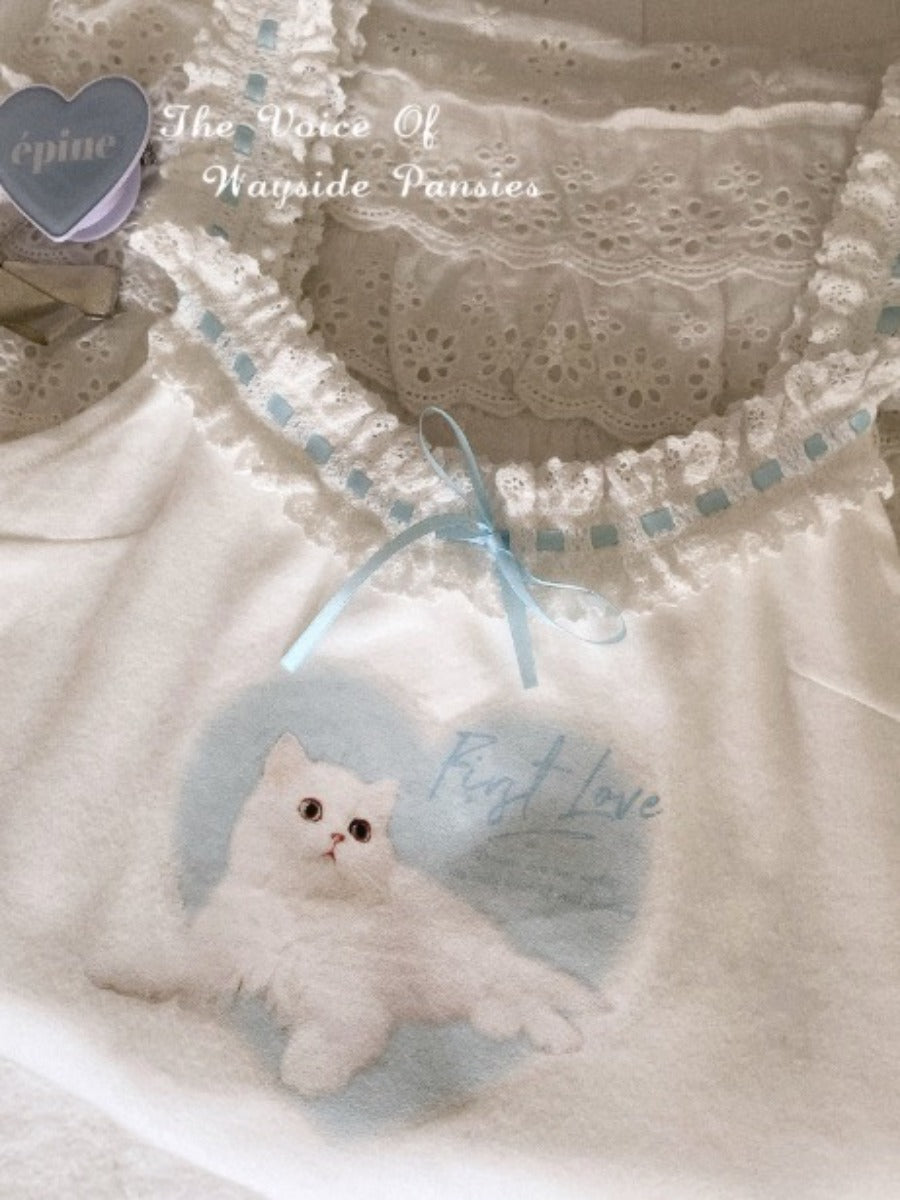 Original Cream Cat Retro Lace Sweet Girl Vest Base Layer Outer Wear Girly - Jam Garden