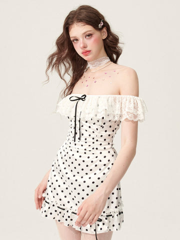 Dolly baby Women's summer white polka dot dress with waist lace