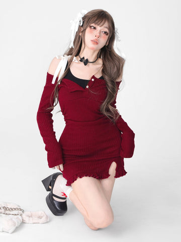 Red Stitched Fake Two-piece Hip-hugging Long-sleeved Dress