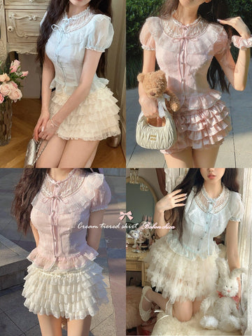 Bobon21 Antique Doll Lace Jade Chiffon Shirt