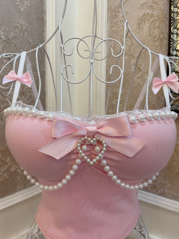 Ballet Style Princess Bow Heart Pearl Chain Lace Top