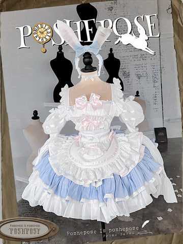 POSHEPOSE Blue and white apron rabbit princess style new bow dress suit