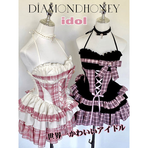 [Hot Girl Idol] Original Design Plaid Two-color Multi-layered Lace Dress