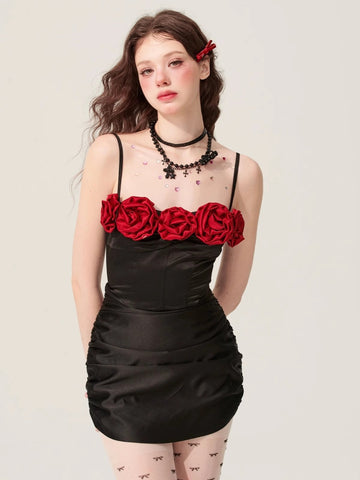 Dolly baby Women's black floral dress summer A-line waist hip skirt
