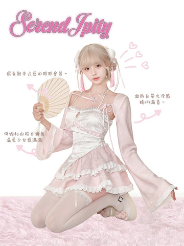 Serendipity peach pink cardigan + suspenders + pink skirt