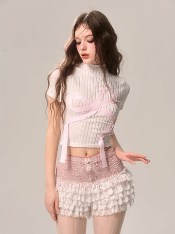 Pink and white French new style lace skirt shorts