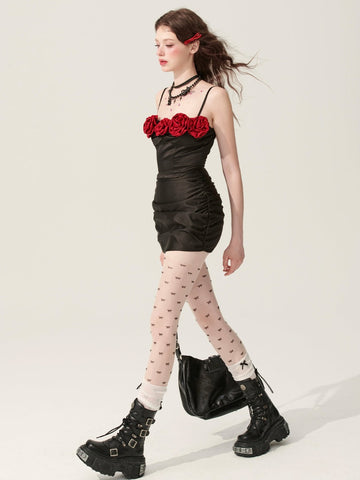 Dolly baby Women's black floral dress summer A-line waist hip skirt