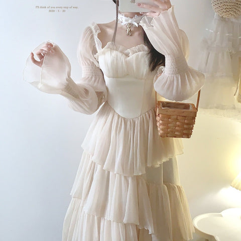 Sleepingdoll POSHEPOSE Retro Gentle Style Cake Layer Satin Dress