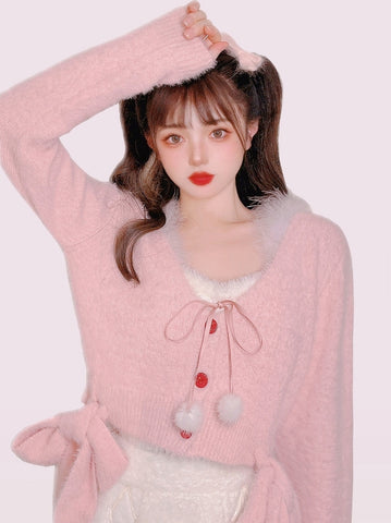 Sweet Pink New Year Strawberry Plush Knit Cardigan Bow Outerwear