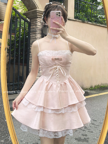 Sweet pink suspender dress cake dress slim lace princess dress