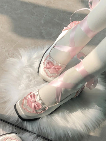 Square toe medium heel satin pearl elegant ballet shoes