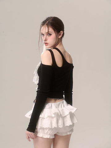 Black Off Shoulder Sweet Spicy Lace Bow Long Sleeve T-Shirt
