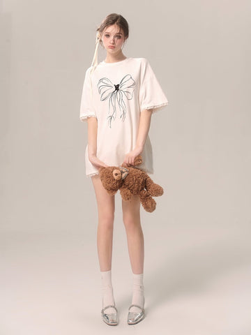 Hand-painted bow lace white loose short-sleeved T-shirt