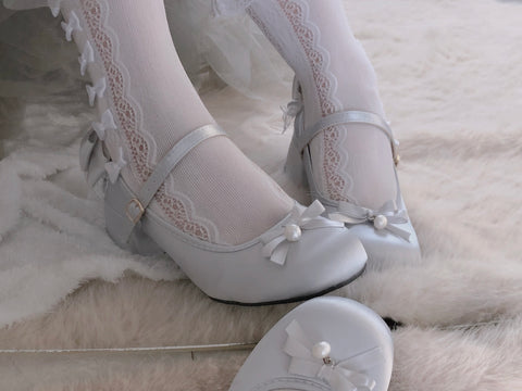 Silver mid-heel square heel round toe satin high heels Lolita