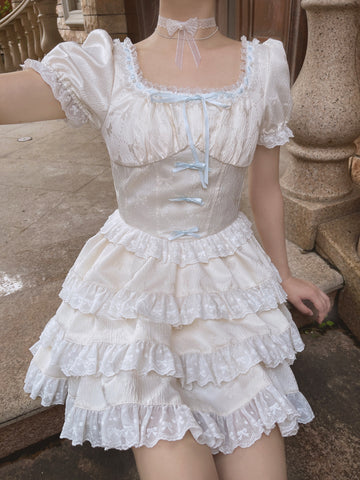Girls Cream Cake Skirt Cute Exquisite Square Neck Dress