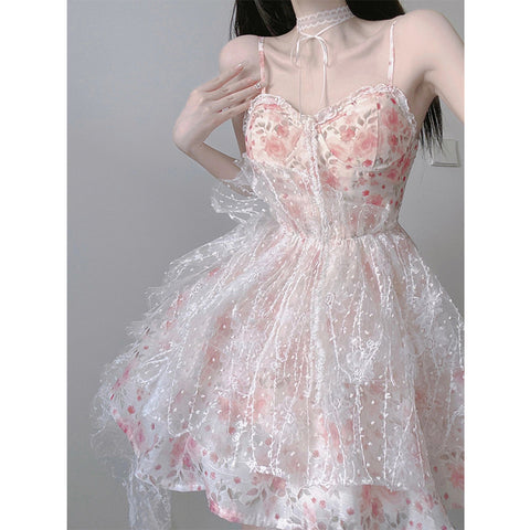Fugitive princess girl sweet style pink suspender floral dress - Jam Garden