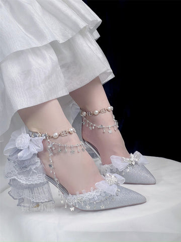 Lolita High Heels Adult Ceremony Silver Fine Sparkling Crystal Wedding Shoes