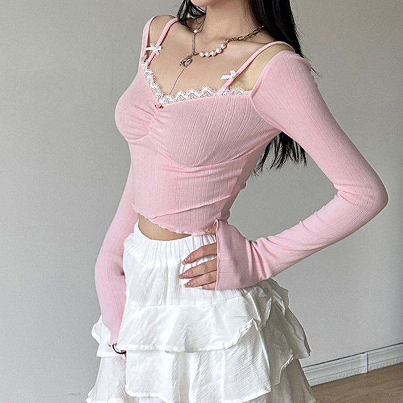 Girly Lace Lace Bow Patchwork Square Neck Long Sleeve Top