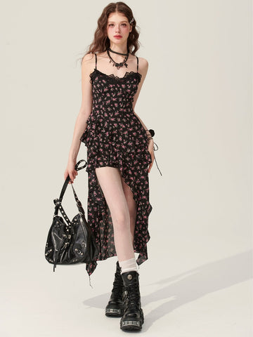 Original design floral long dress black suspender skirt