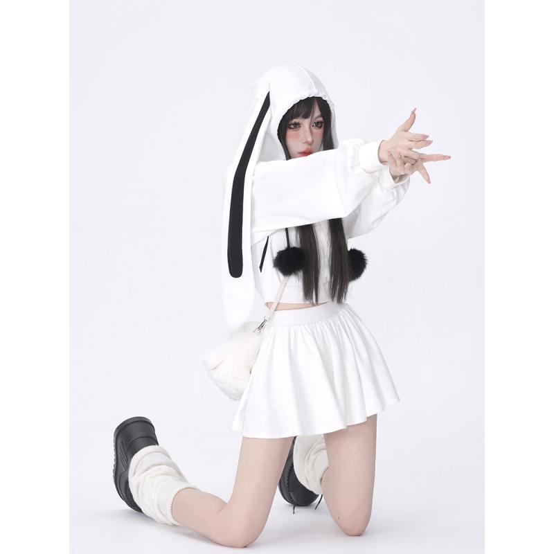Black And White Gray Suit Skirt Female Rabbit Ear Design Hooded Sweater Jacket Casual Skirt - Jam Garden