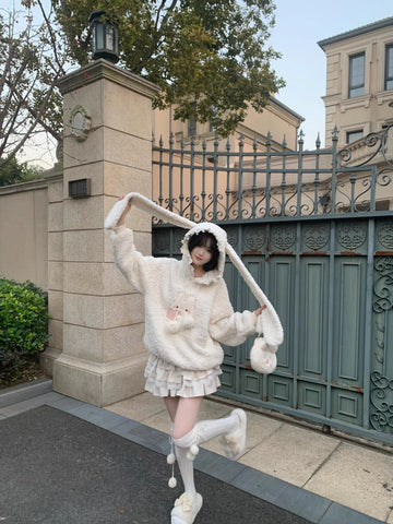 Bunny long ears hooded lamb wool sweater jacket