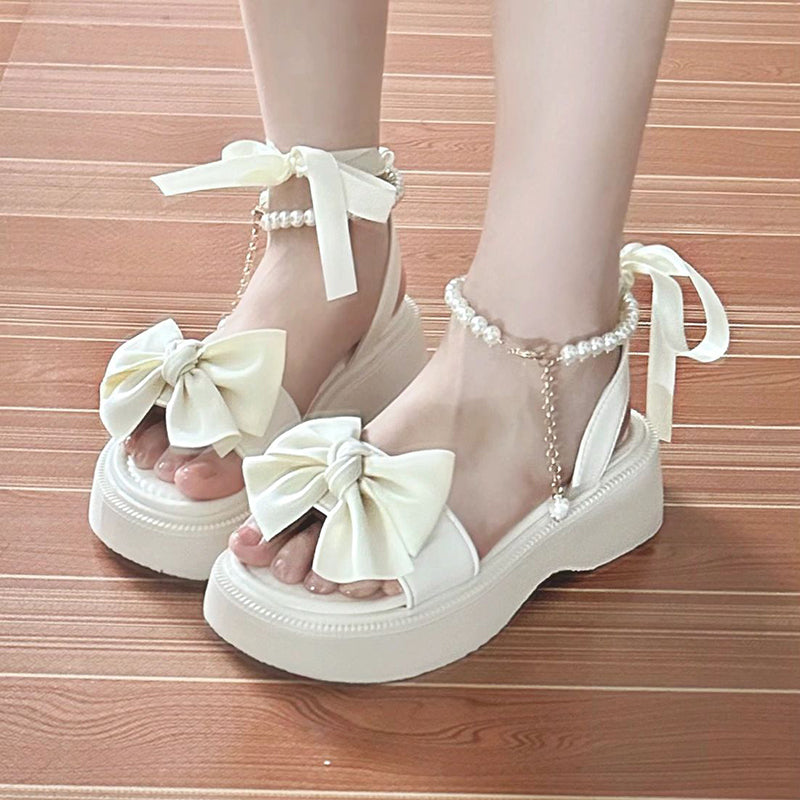 Summer Bowknot Fairy Style Thick Sole Pearl Strap Fashion Women's Shoes - Jam Garden