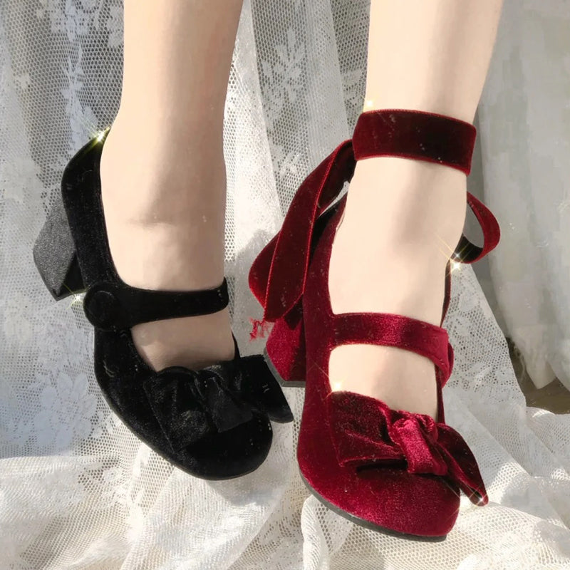 Red Christmas Women's Thick Heel Suede Bow High Heels