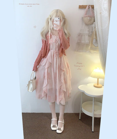 Sleepingdoll POSHEPOSE Pink Retro Chiffon Romantic Suspender Dress