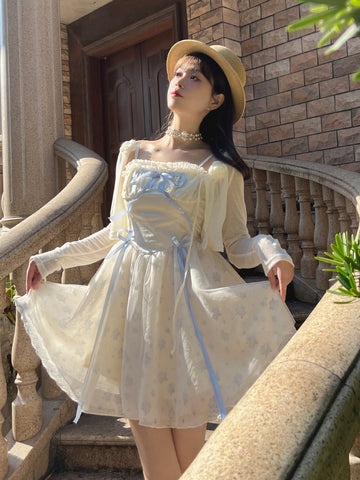 Girls sweet retro princess dress fairy sweet mesh floral suspender skirt