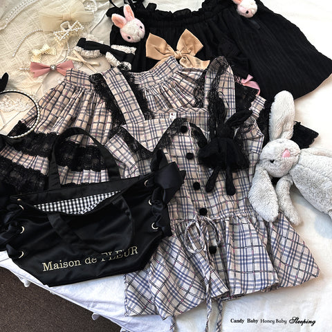 sleepingdoll Plaid Dark Abyssin Lace Suspender Skirt Set